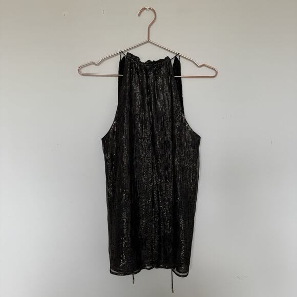 Bebe Womens Tank Top XS Black Silk Sequin Tie Neck Sleeveless Party Festival - Picture 6 of 6